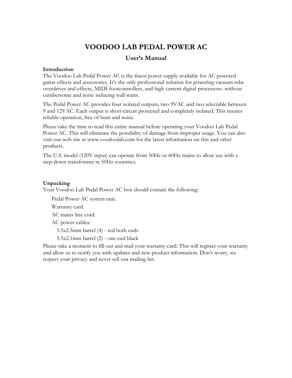 Voodoo lab pedal power ac | Voodoo Lab Pedal Power AC User Manual | Page 3 / 8