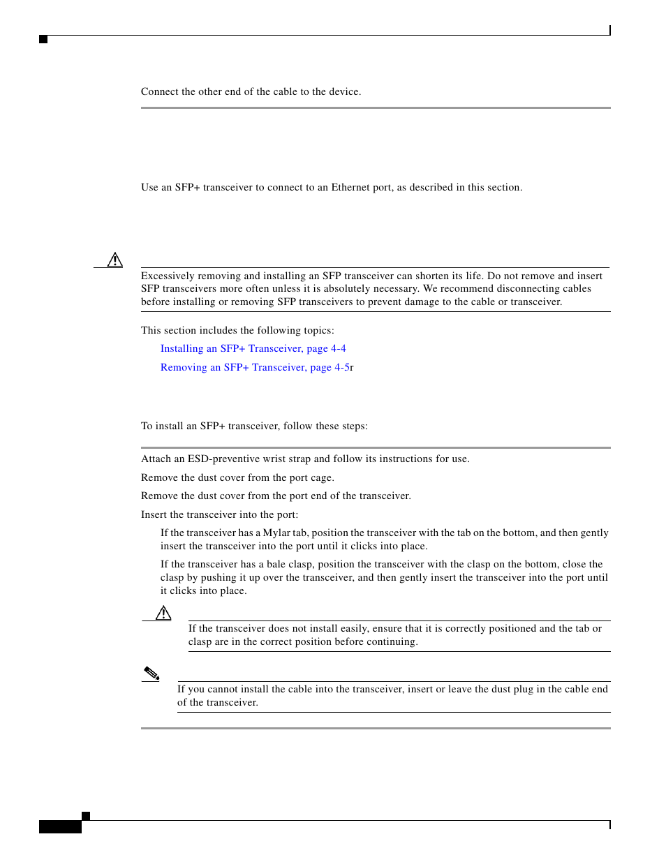 Connecting to an ethernet port, Removing and installing sfp+ transceivers, Installing an sfp+ transceiver | Cisco 5000 Series User Manual | Page 100 / 142