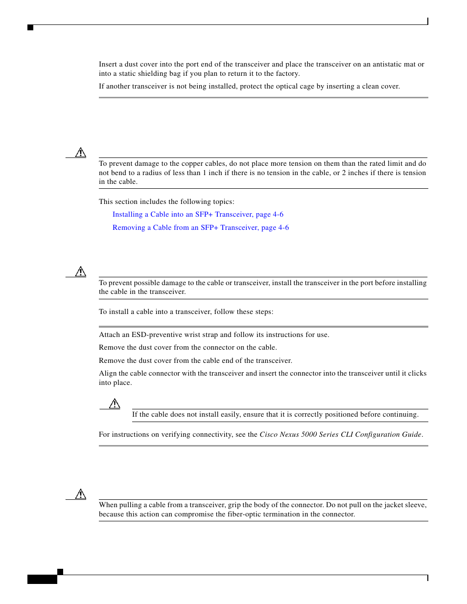 Installing a cable into an sfp+ transceiver, Removing a cable from an sfp+ transceiver | Cisco 5000 Series User Manual | Page 102 / 142