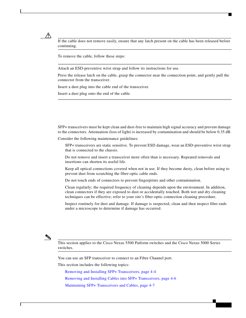 Maintaining sfp+ transceivers and cables, Connecting to a fibre channel port | Cisco 5000 Series User Manual | Page 103 / 142