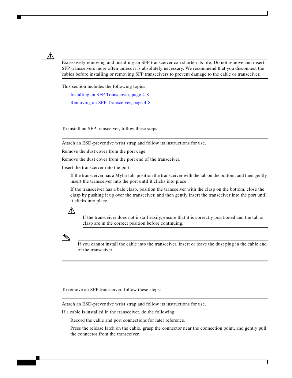 Removing and installing sfp transceivers, Installing an sfp transceiver, Removing an sfp transceiver | Cisco 5000 Series User Manual | Page 104 / 142