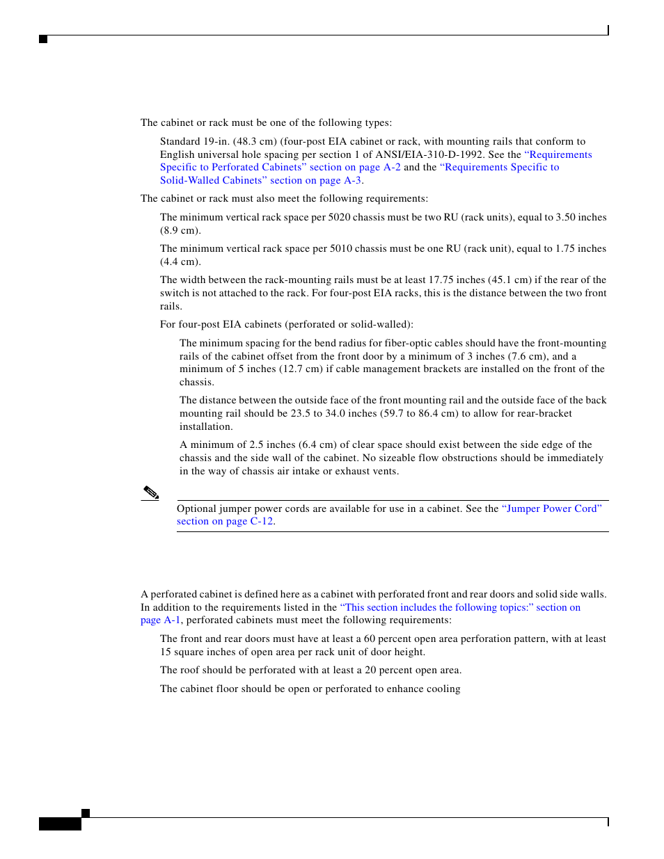 General requirements for cabinets and racks, Requirements specific to perforated cabinets | Cisco 5000 Series User Manual | Page 110 / 142