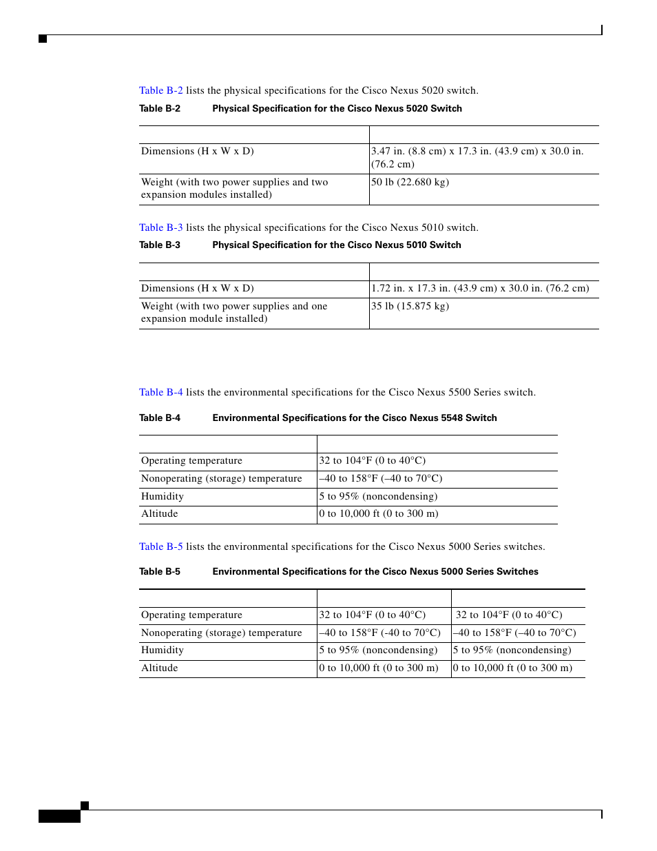 Environmental specifications | Cisco 5000 Series User Manual | Page 114 / 142