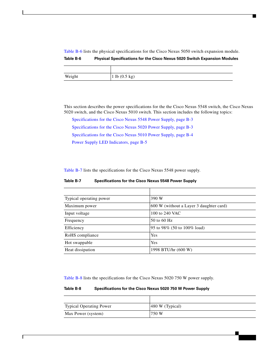Expansion module specifications, Power specifications | Cisco 5000 Series User Manual | Page 115 / 142