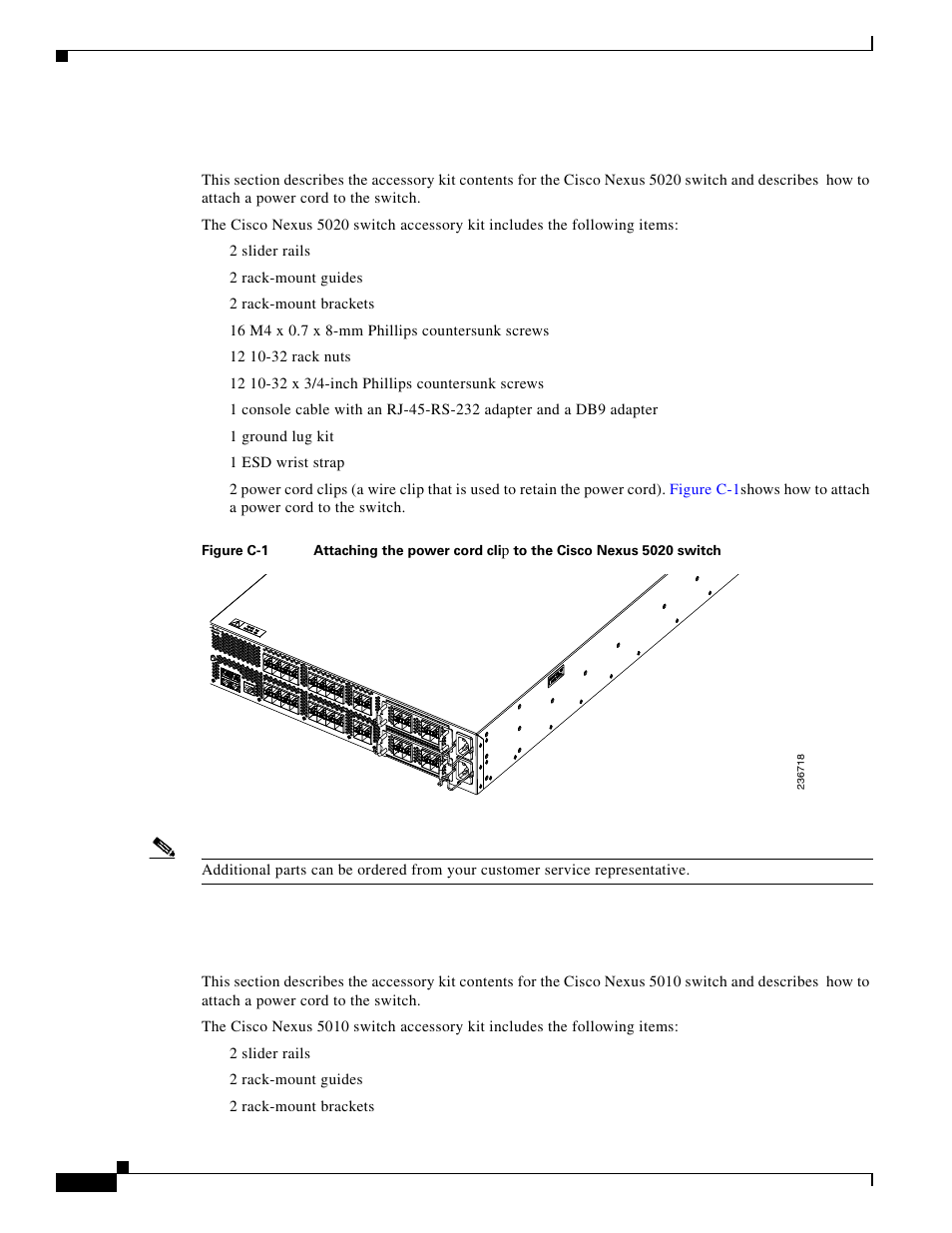 Accessory kit for the cisco nexus 5020 switch, Accessory kit for the cisco nexus 5010 switch | Cisco 5000 Series User Manual | Page 122 / 142