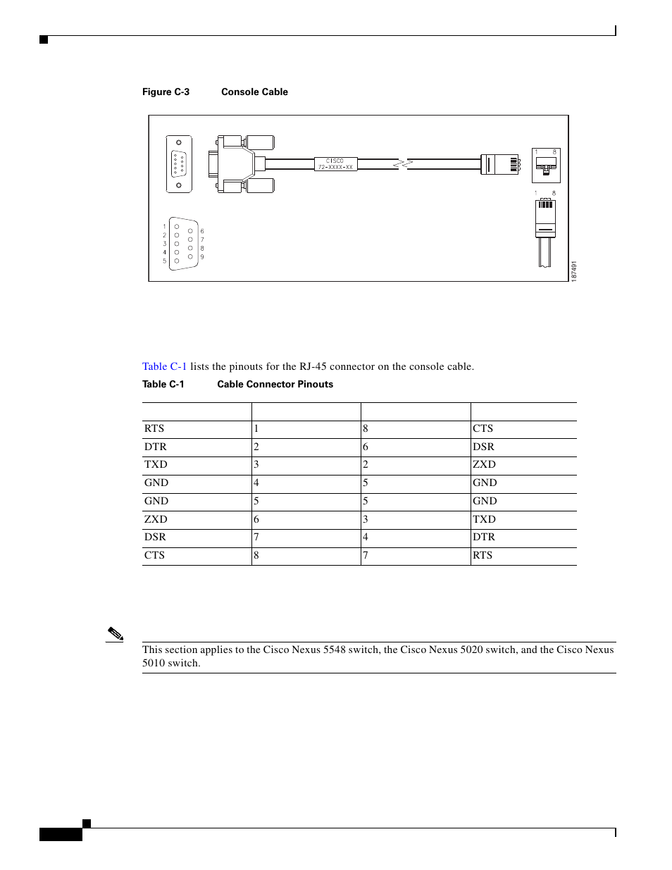 Cable rj-45 connector pinouts, Console port, Figure c-3 | Cisco 5000 Series User Manual | Page 124 / 142