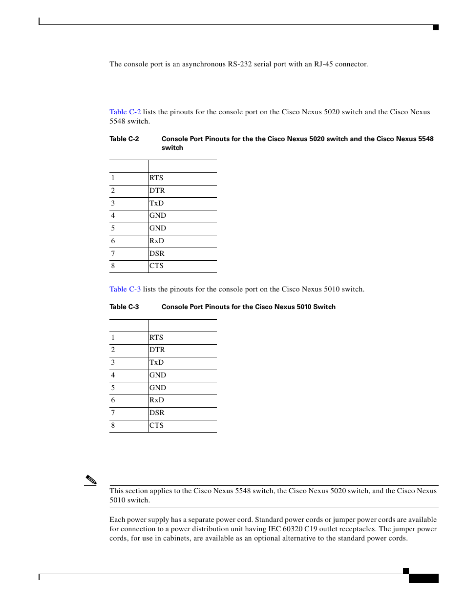 Console port pinouts, Supported power cords and plugs | Cisco 5000 Series User Manual | Page 125 / 142