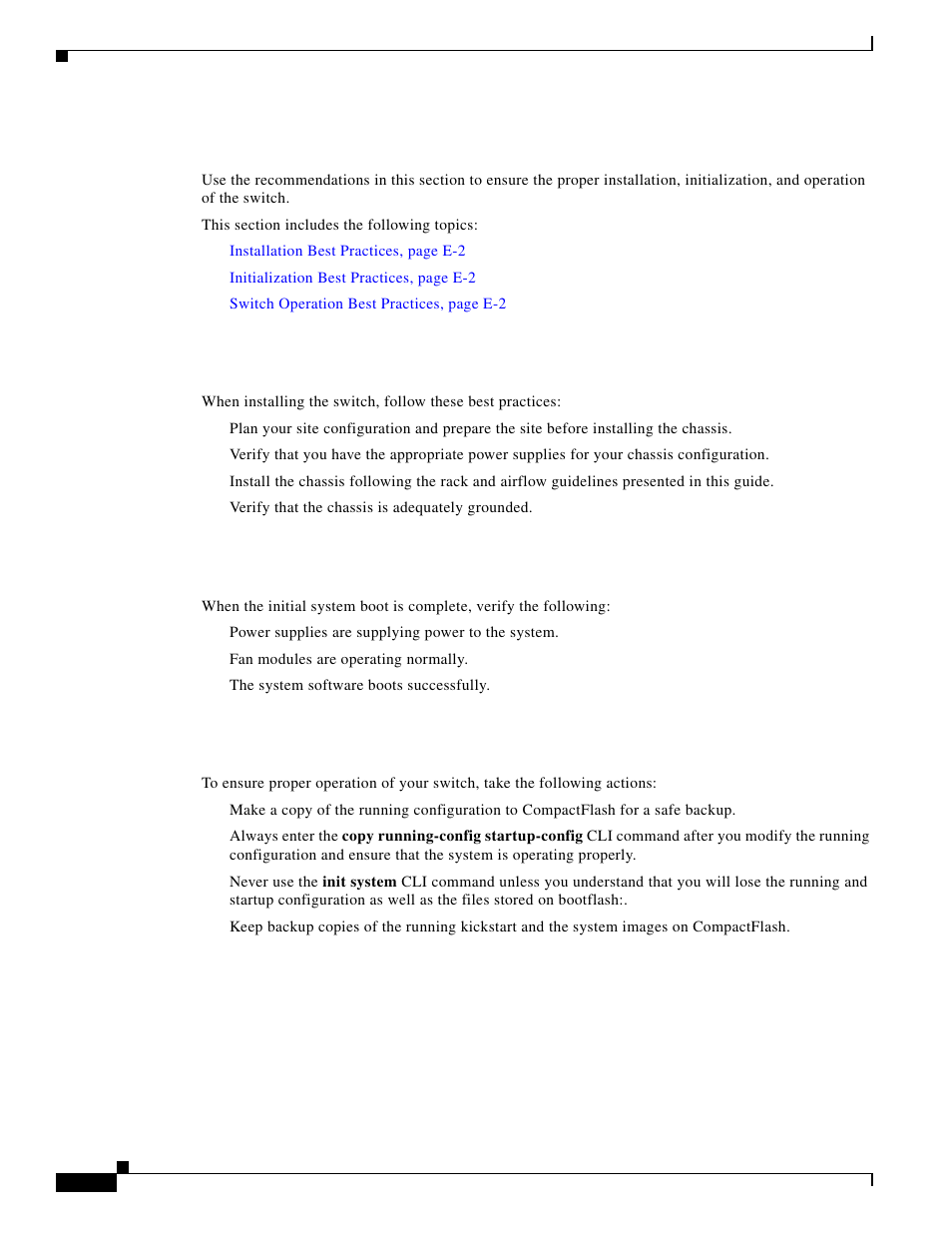 Switch hardware best practices, Installation best practices, Initialization best practices | Switch operation best practices | Cisco 5000 Series User Manual | Page 138 / 142