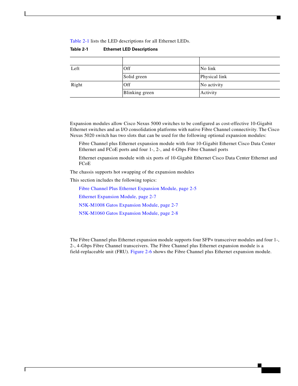 Expansion modules, Fibre channel plus ethernet expansion module | Cisco 5000 Series User Manual | Page 37 / 142