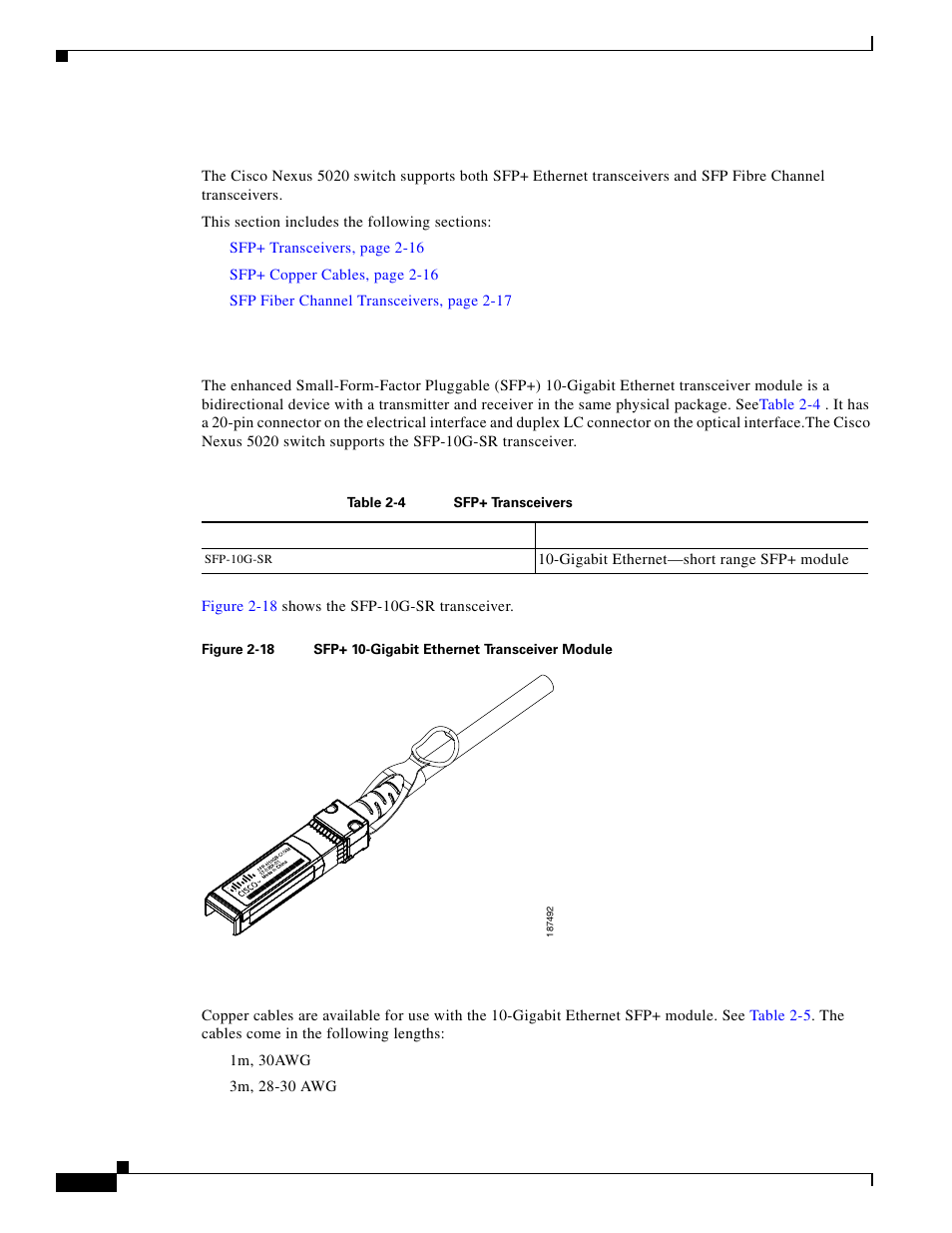 Supported sfp transceivers, Sfp+ transceivers, Sfp+ copper cables | Cisco 5000 Series User Manual | Page 48 / 142