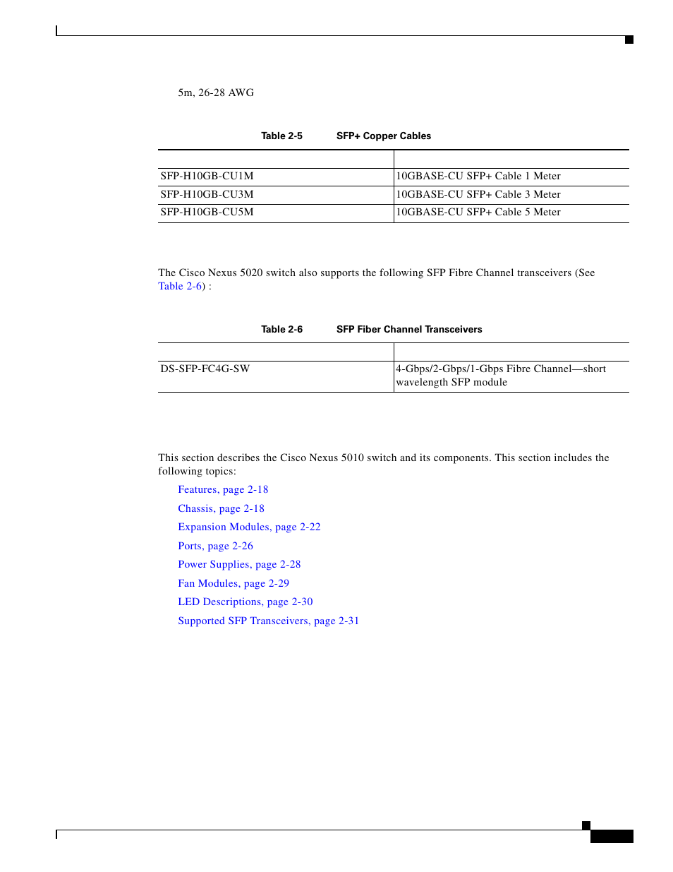 Sfp fiber channel transceivers, Cisco nexus 5010 switch, Sfp+ module. see | Table 2-5 | Cisco 5000 Series User Manual | Page 49 / 142