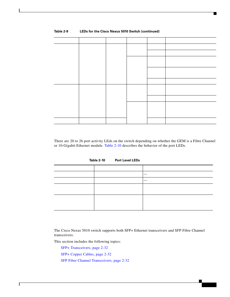 Port level leds, Supported sfp transceivers | Cisco 5000 Series User Manual | Page 63 / 142