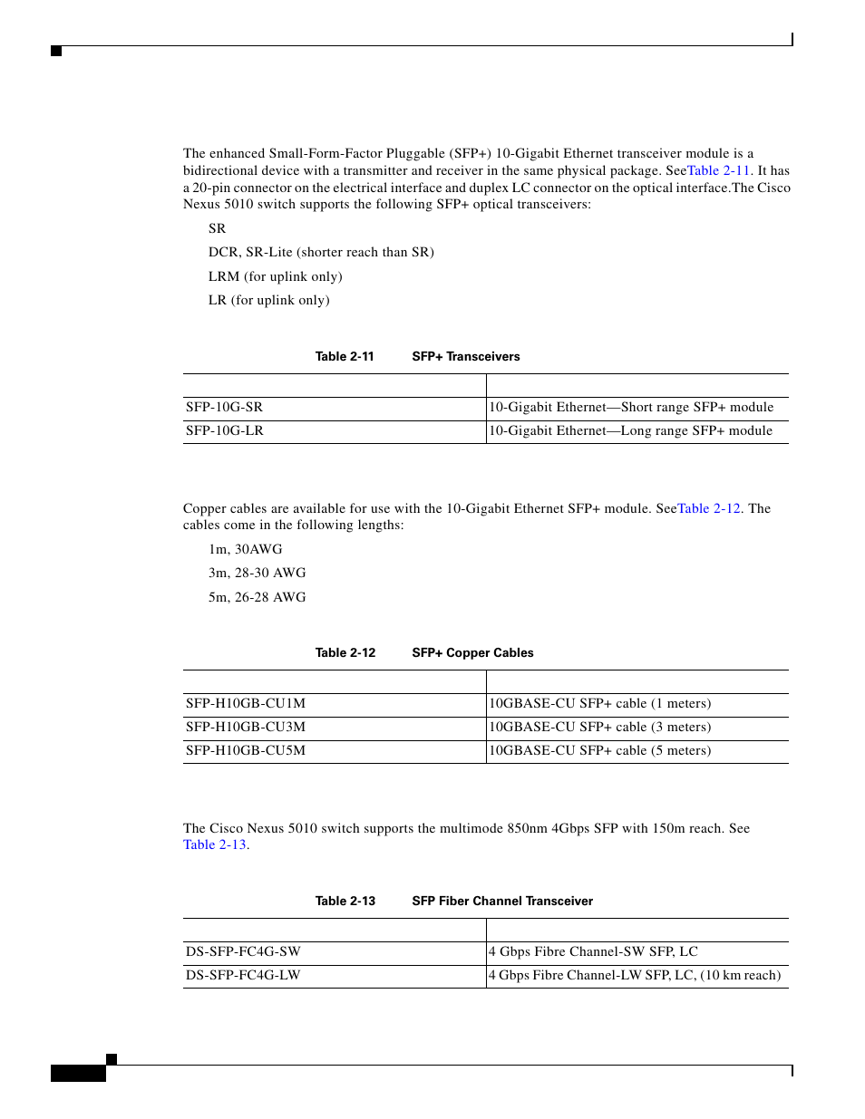 Sfp+ transceivers, Sfp+ copper cables, Sfp fiber channel transceivers | Cisco 5000 Series User Manual | Page 64 / 142