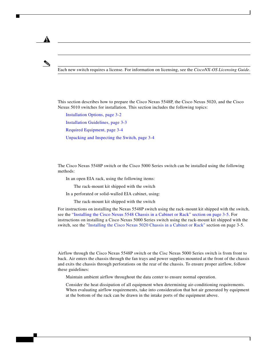 Preparing for installation, Installation options, Airflow considerations | Cisco 5000 Series User Manual | Page 66 / 142