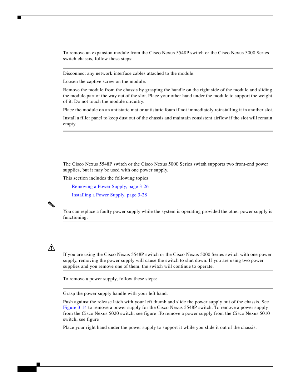 Removing an expansion module, Removing and installing power supplies, Removing a power supply | Cisco 5000 Series User Manual | Page 90 / 142