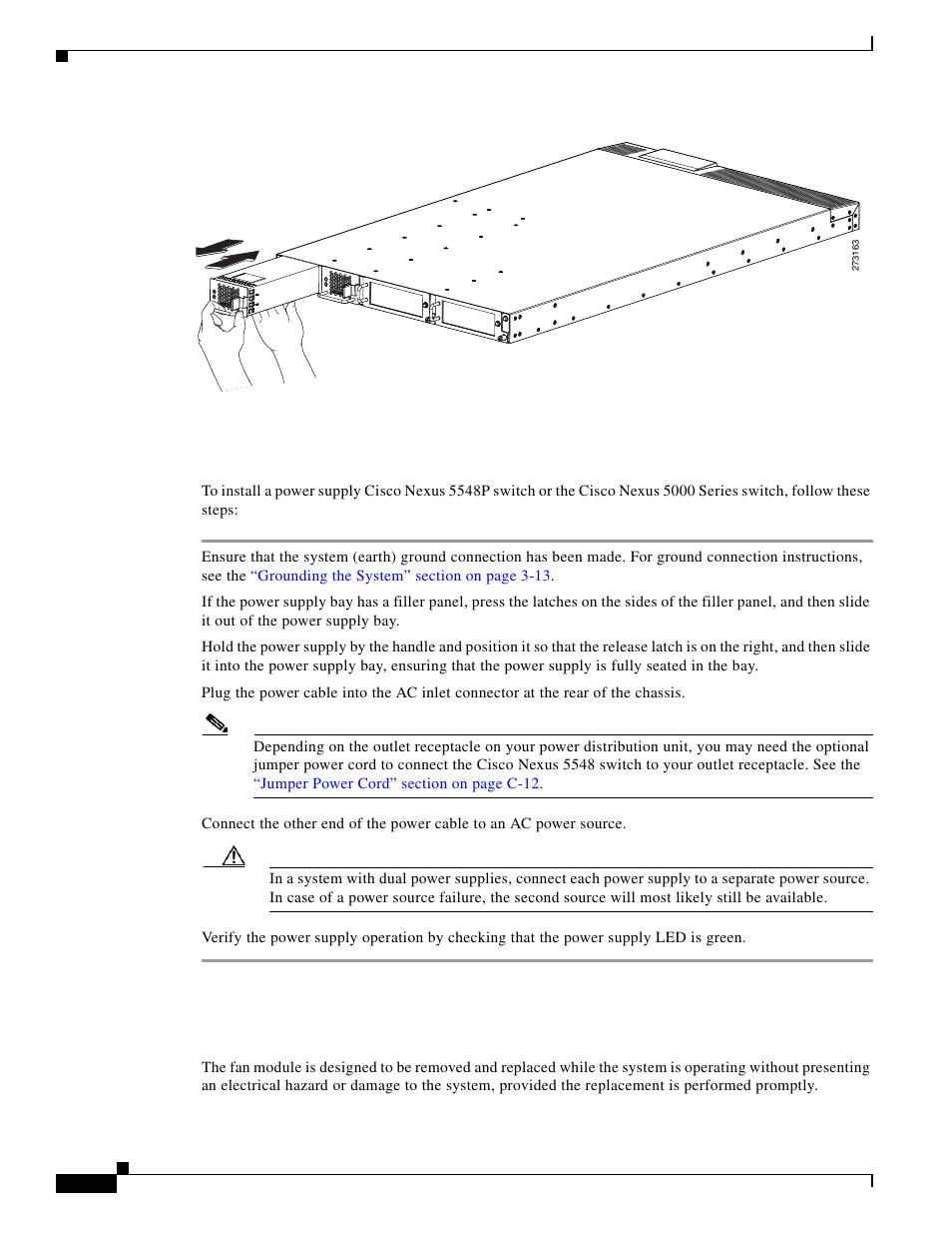 Installing a power supply, Removing and installing the fan module | Cisco 5000 Series User Manual | Page 92 / 142