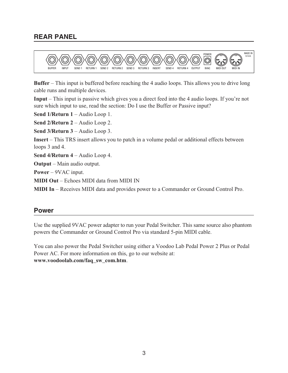 Rear panel, Power | Voodoo Lab Pedal Switcher User Manual | Page 5 / 14