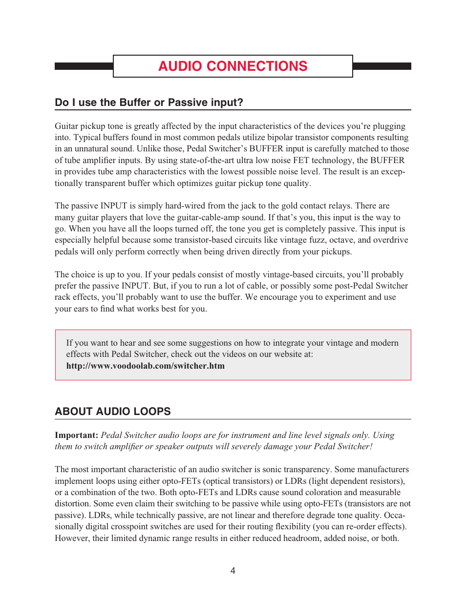 Audio connections | Voodoo Lab Pedal Switcher User Manual | Page 6 / 14