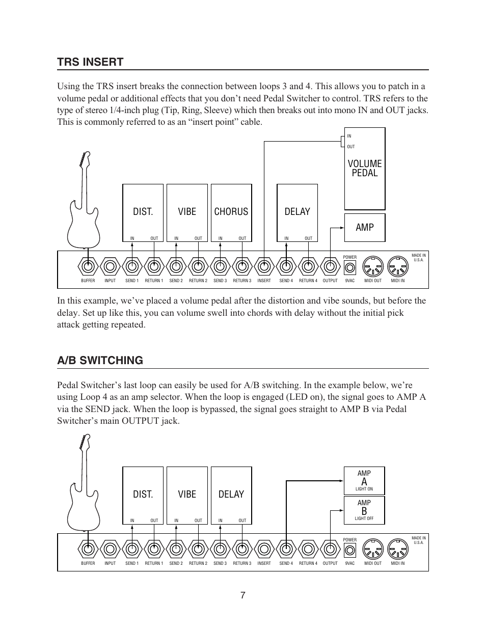 Trs insert, A/b switching, Dist | Vibe, Delay, Chorus, Volume pedal 7 | Voodoo Lab Pedal Switcher User Manual | Page 9 / 14