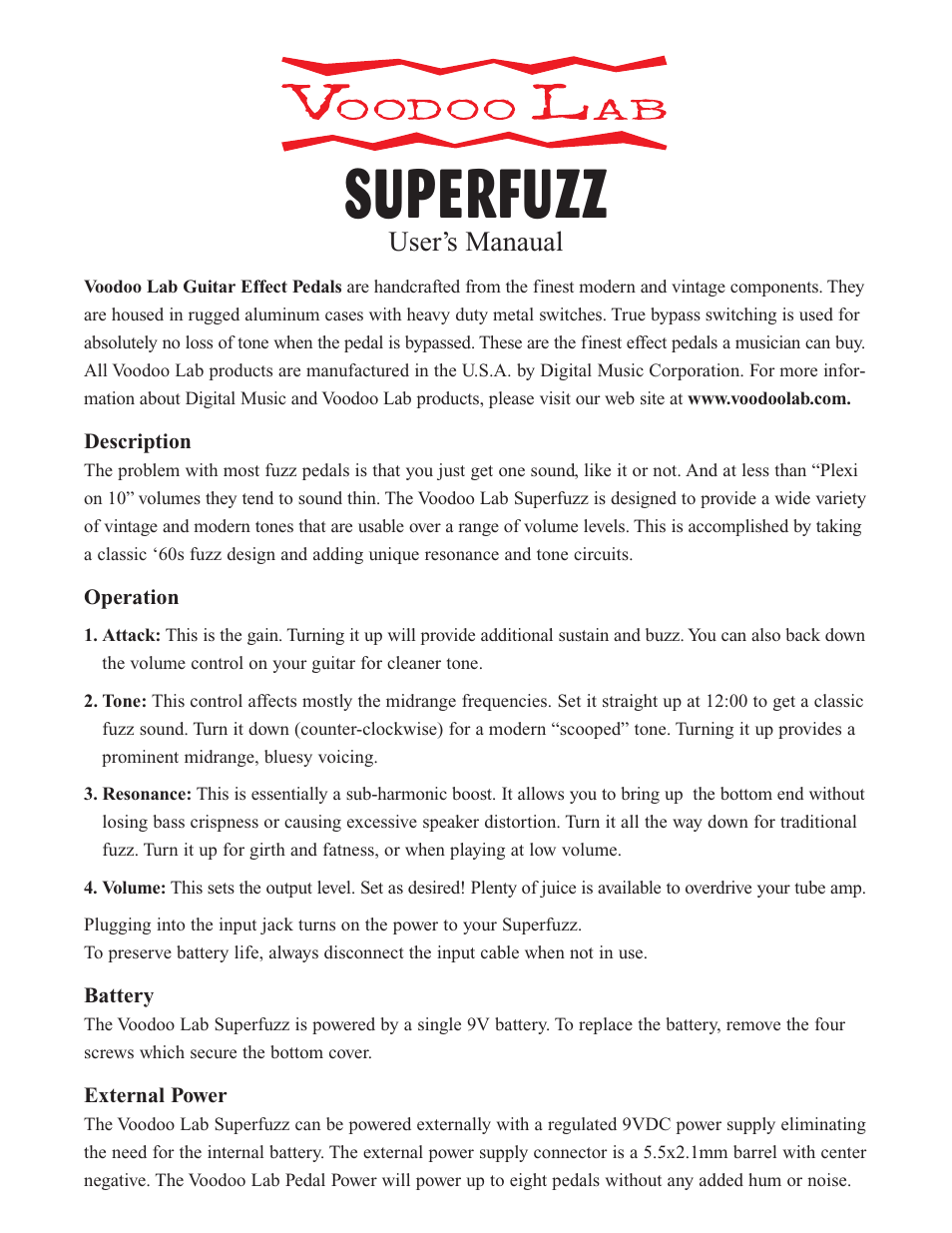 Voodoo Lab Superfuzz User Manual | 2 pages