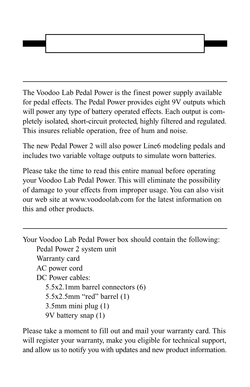 Introduction, Unpacking, Voodoo lab pedal power | User’s manual | Voodoo Lab PEDAL POWER 2 User Manual | Page 3 / 11