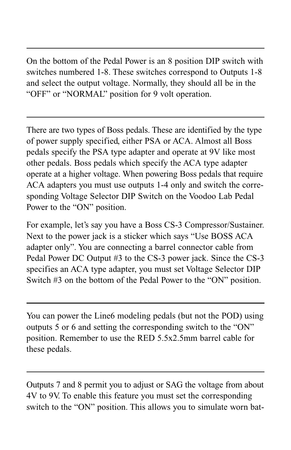 Voltage selector dip switches, Boss pedals, Line6 modeling pedals | Sag outputs | Voodoo Lab PEDAL POWER 2 User Manual | Page 7 / 11