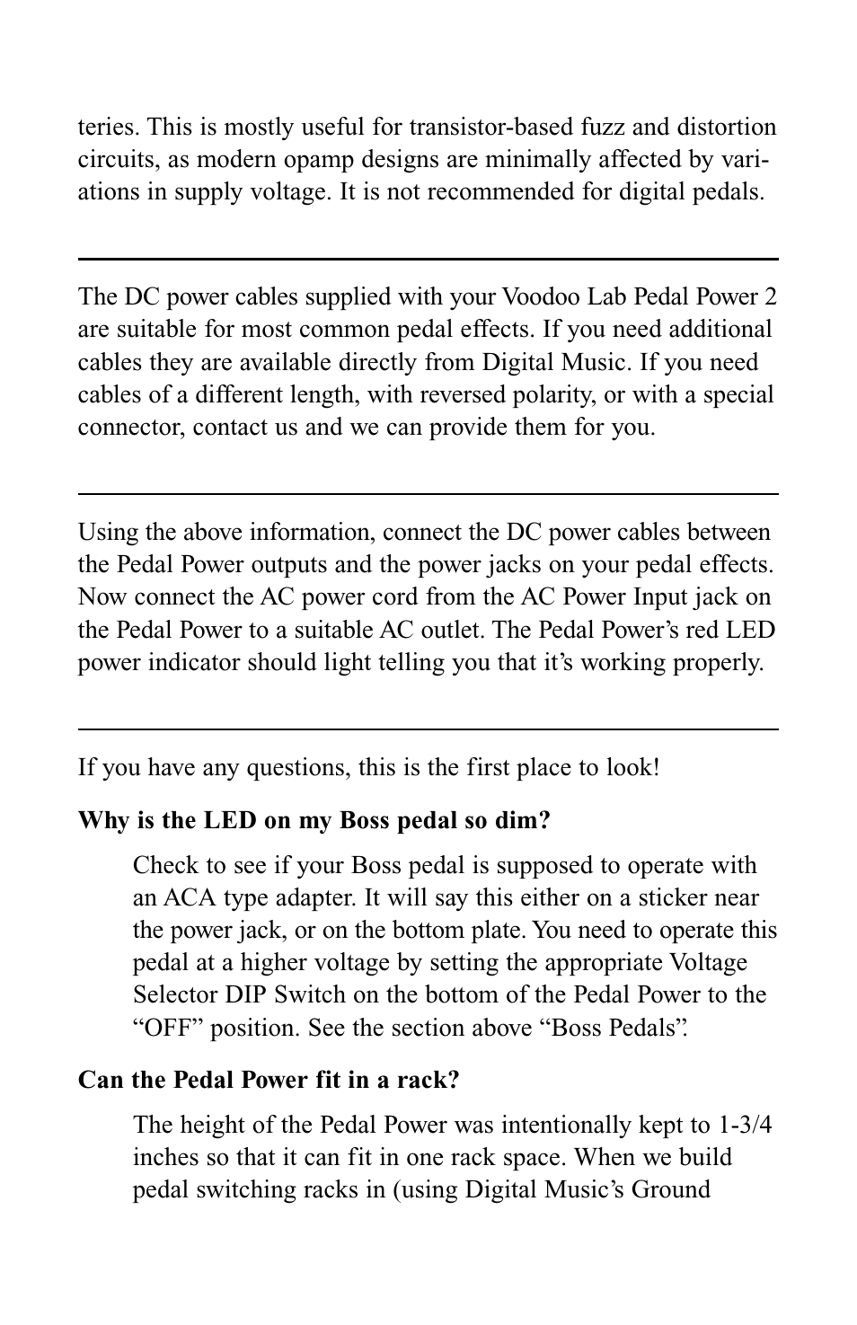 More about cables, Operation, Faqs | Voodoo Lab PEDAL POWER 2 User Manual | Page 8 / 11