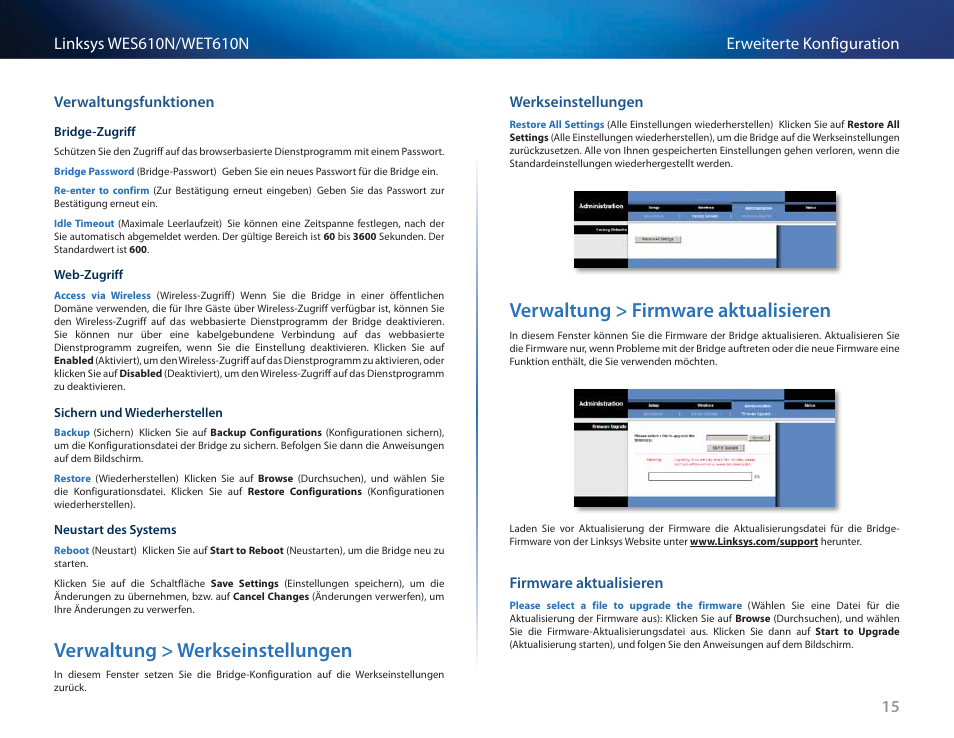 Verwaltungsfunktionen, Verwaltung > werkseinstellungen, Werkseinstellungen | Verwaltung > firmware aktualisieren, Firmware aktualisieren | Cisco WES610N User Manual | Page 100 / 546