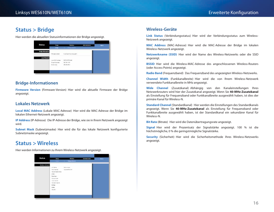 Status > bridge, Bridge-informationen, Lokales netzwerk | Status > wireless, Wireless-geräte | Cisco WES610N User Manual | Page 101 / 546