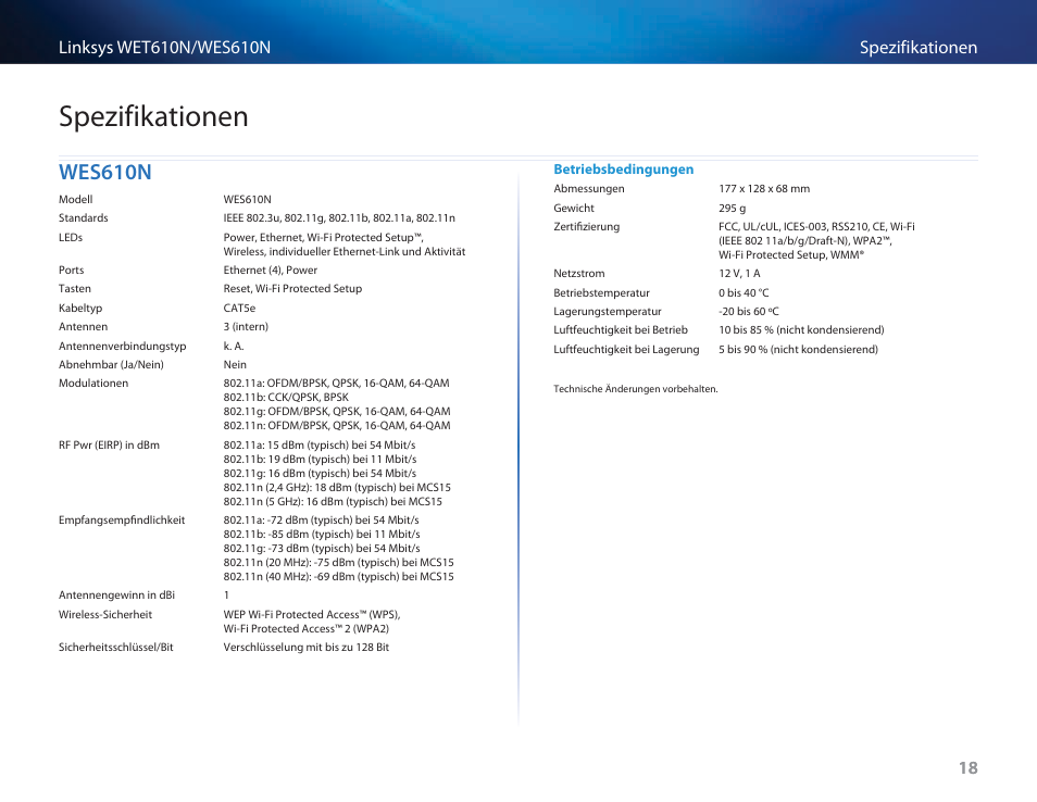 Spezifikationen, Wes610n | Cisco WES610N User Manual | Page 103 / 546