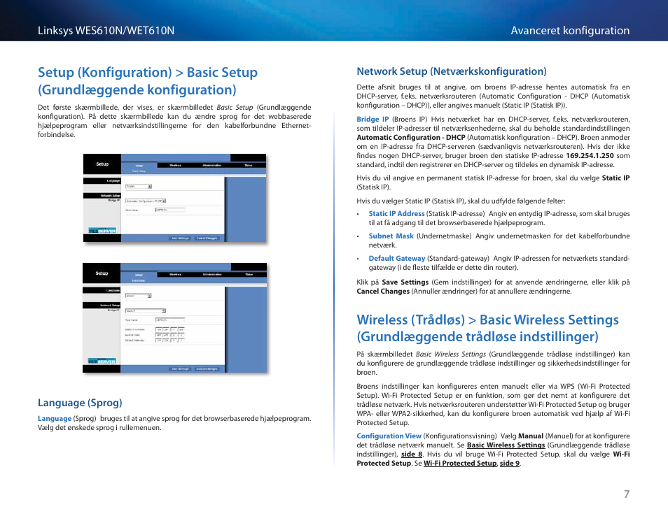 Language (sprog), Network setup (netværkskonfiguration), Setup (konfiguration) > basic setup | Grundlæggende konfiguration) 7, Wireless (trådløs) > basic wireless settings, Grundlæggende trådløse indstillinger) 7 | Cisco WES610N User Manual | Page 113 / 546