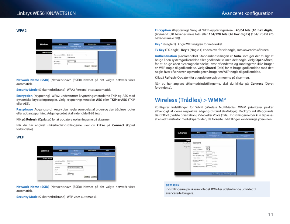 Wireless (trådløs) > wmm, Wireless (trådløs) > wmm® 11 | Cisco WES610N User Manual | Page 117 / 546
