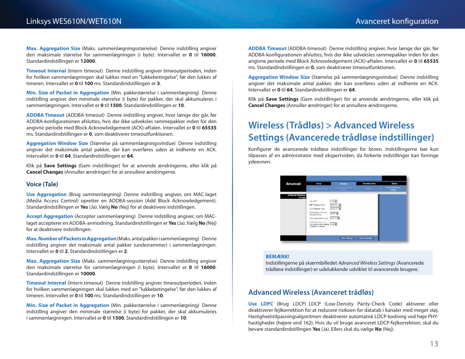 Advanced wireless (avanceret trådløs), Wireless (trådløs) > advanced wireless settings, Avancerede trådløse indstillinger) 13 | Cisco WES610N User Manual | Page 119 / 546