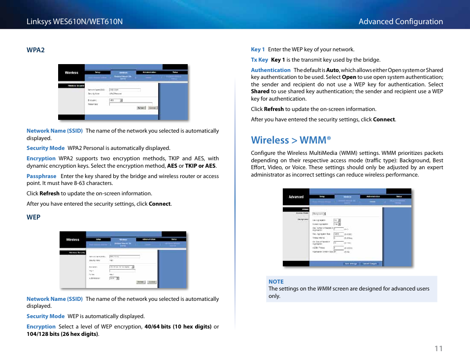 Wireless > wmm, Wireless > wmm® 11 | Cisco WES610N User Manual | Page 12 / 546