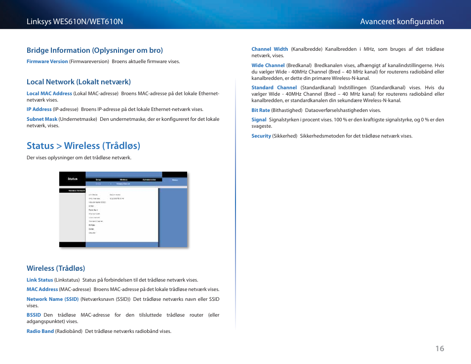 Bridge information (oplysninger om bro), Local network (lokalt netværk), Status > wireless (trådløs) | Wireless (trådløs), Status > wireless (trådløs) 16 | Cisco WES610N User Manual | Page 122 / 546