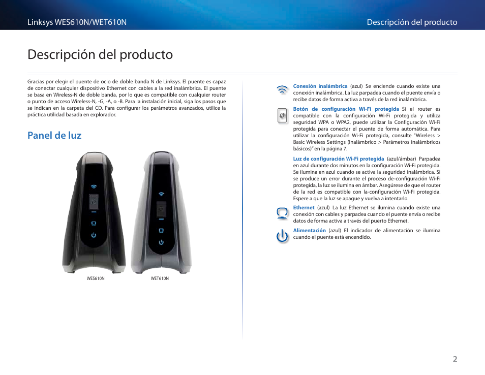 Descripción del producto, Panel de luz, Panel de luz 2 | Cisco WES610N User Manual | Page 129 / 546