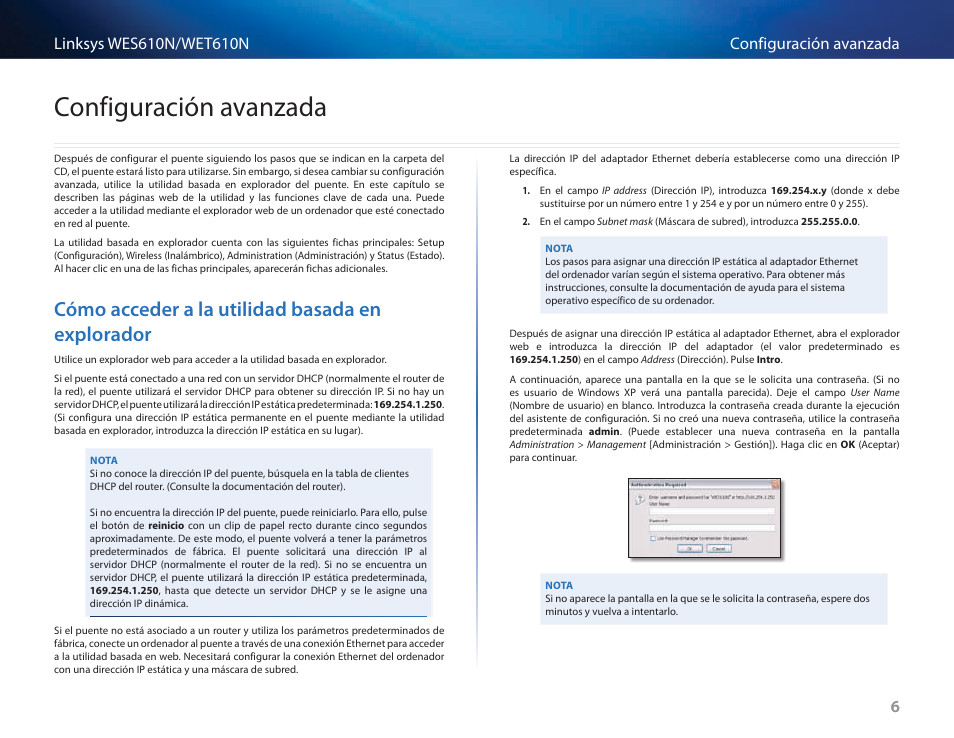 Configuración avanzada, Cómo acceder a la utilidad basada en explorador, Cómo acceder a la utilidad basada en explorador 6 | Cisco WES610N User Manual | Page 133 / 546