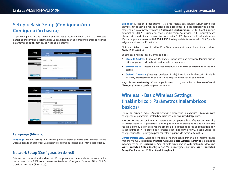 Language (idioma), Network setup (configuración de red), Inalámbricos básicos) 7 | Cisco WES610N User Manual | Page 134 / 546