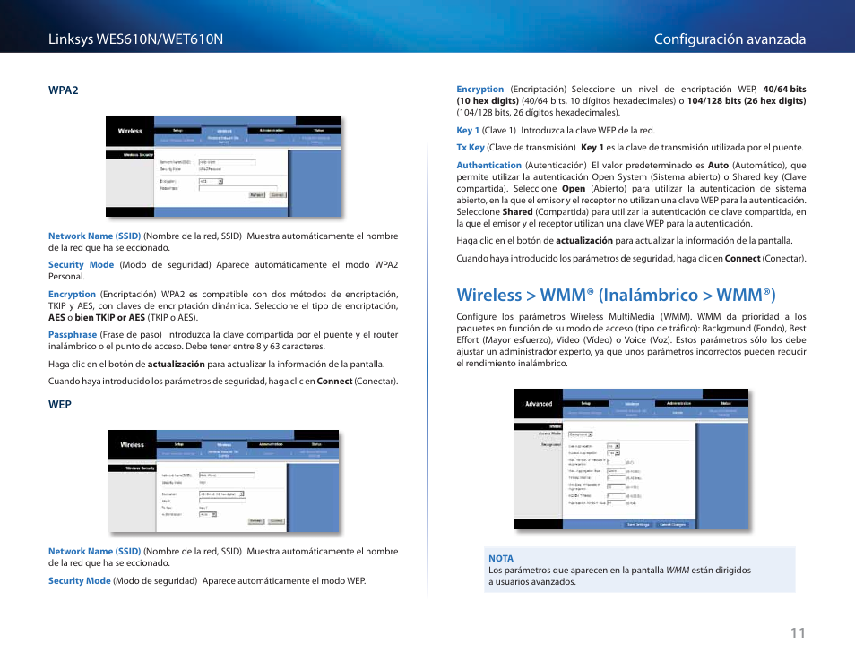 Wireless > wmm® (inalámbrico > wmm®), Wireless > wmm® (inalámbrico > wmm®) 11 | Cisco WES610N User Manual | Page 138 / 546