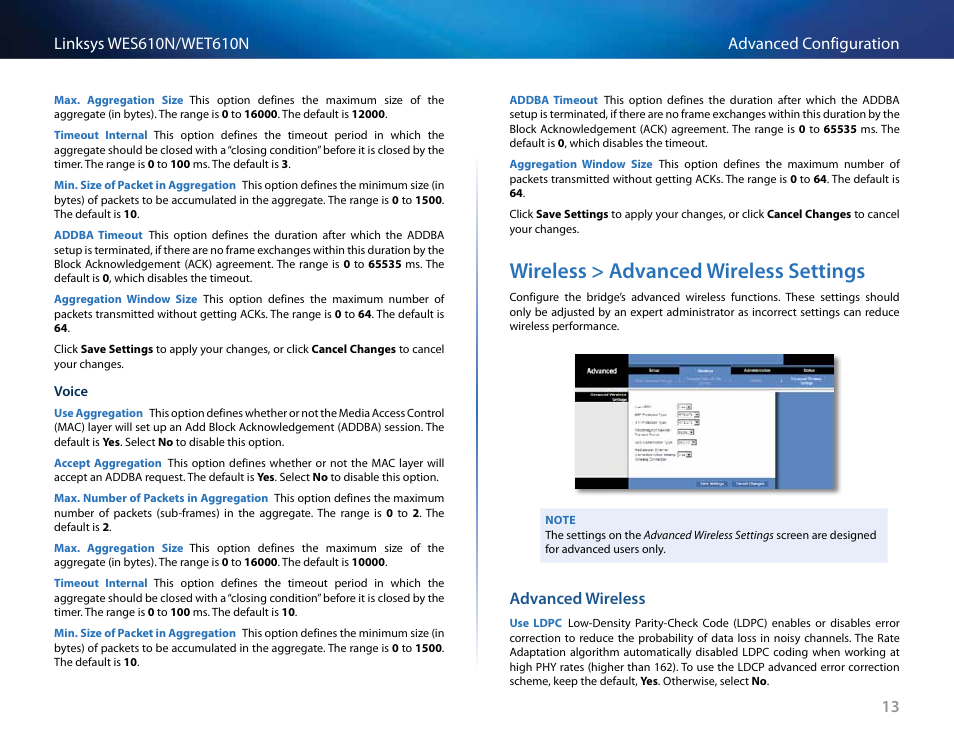 Wireless > advanced wireless settings, Advanced wireless, Wireless > advanced wireless settings 13 | Cisco WES610N User Manual | Page 14 / 546