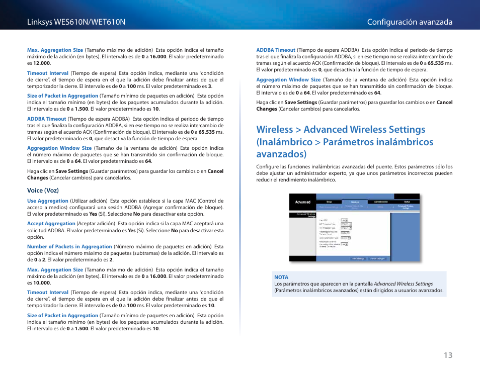 Wireless > advanced wireless settings (inalámbrico, Parámetros inalámbricos avanzados) 13 | Cisco WES610N User Manual | Page 140 / 546
