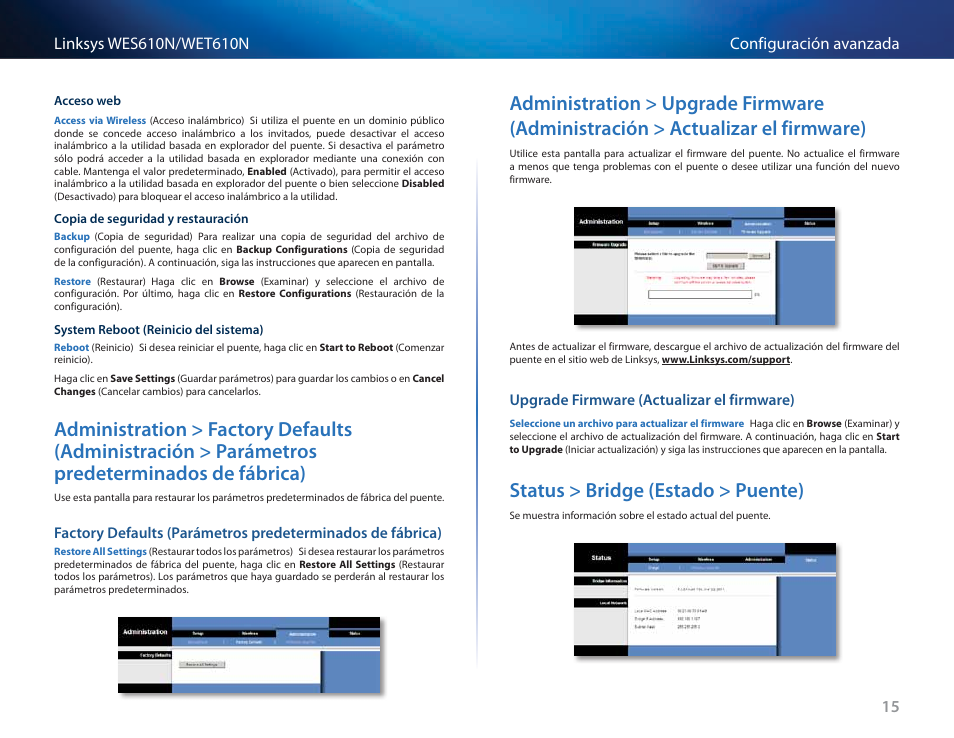 Upgrade firmware (actualizar el firmware), Status > bridge (estado > puente), Administration > factory defaults (administración | Parámetros predeterminados de fábrica) 15, Administration > upgrade firmware (administración, Actualizar el firmware) 15, Status > bridge (estado > puente) 15 | Cisco WES610N User Manual | Page 142 / 546
