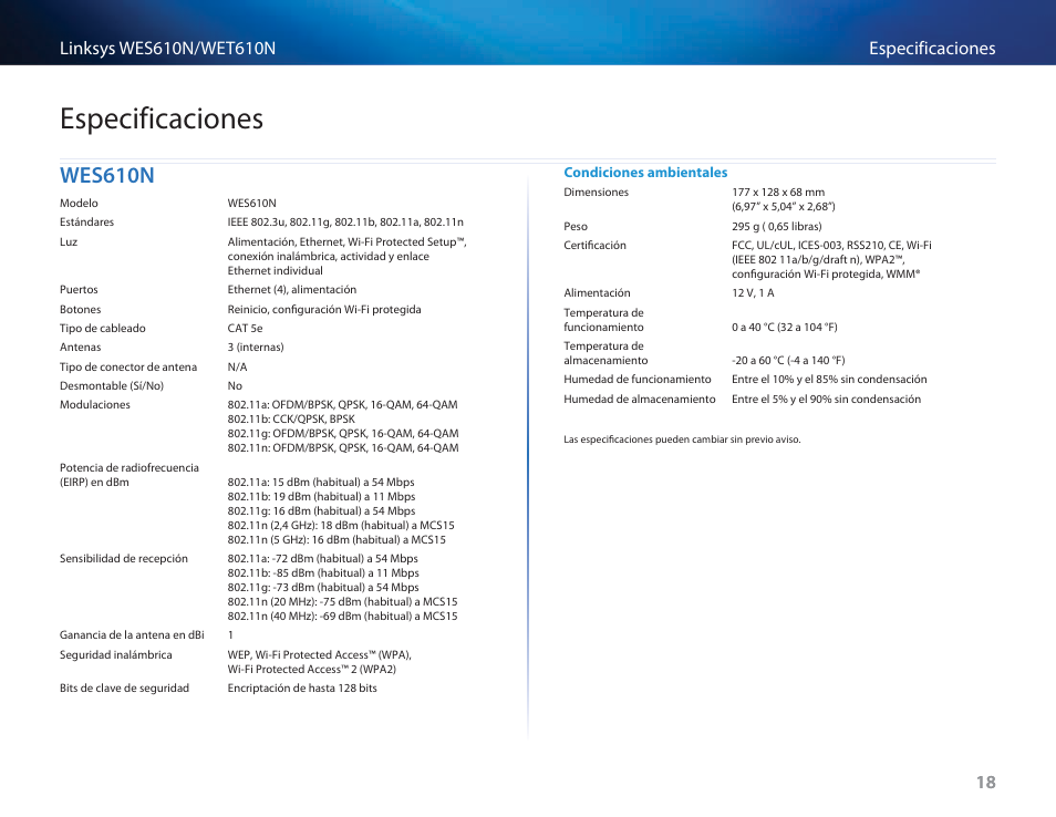 Especificaciones, Wes610n, Wes610n 18 | Cisco WES610N User Manual | Page 145 / 546