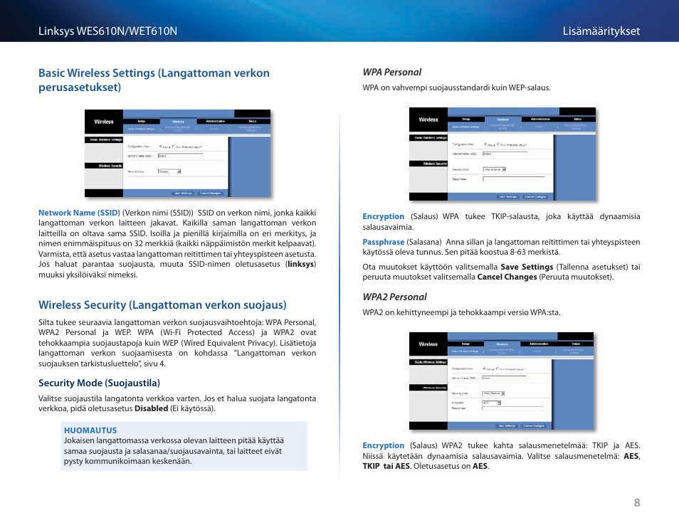 Wireless security (langattoman verkon suojaus) | Cisco WES610N User Manual | Page 156 / 546