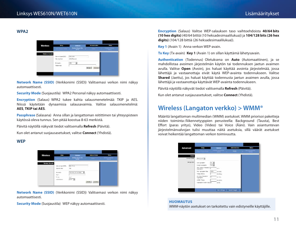 Wireless (langaton verkko) > wmm, Wireless (langaton verkko) > wmm® 11 | Cisco WES610N User Manual | Page 159 / 546