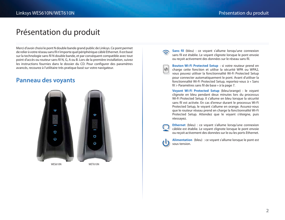 Présentation du produit, Panneau des voyants, Panneau des voyants 2 | Cisco WES610N User Manual | Page 171 / 546