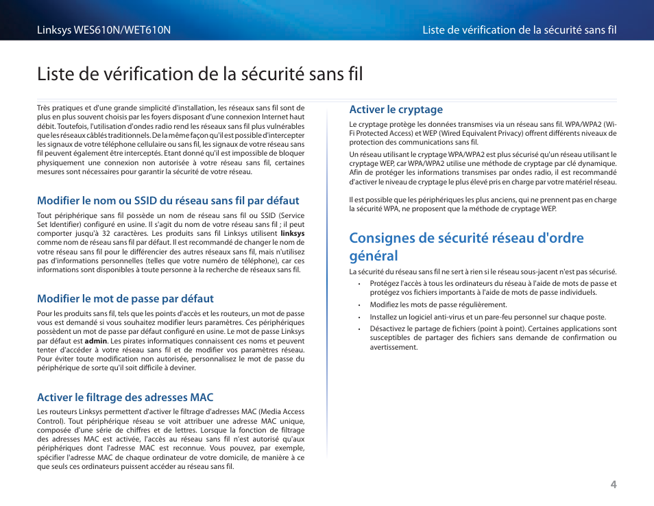 Liste de vérification de la sécurité sans fil, Modifier le mot de passe par défaut, Activer le filtrage des adresses mac | Activer le cryptage, Consignes de sécurité réseau d'ordre général, Consignes de sécurité réseau d'ordre général 4 | Cisco WES610N User Manual | Page 173 / 546