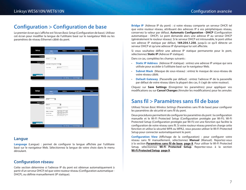 Configuration > configuration de base, Langue, Configuration réseau | Sans fil > paramètres sans fil de base, Configuration > configuration de base 7, Sans fil > paramètres sans fil de base 7 | Cisco WES610N User Manual | Page 176 / 546
