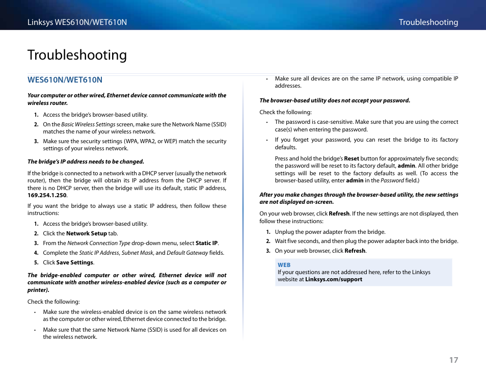 Troubleshooting, Wes610n/wet610n | Cisco WES610N User Manual | Page 18 / 546