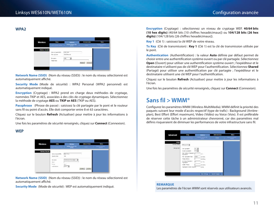Sans fil > wmm, Sans fil > wmm® 11 | Cisco WES610N User Manual | Page 180 / 546